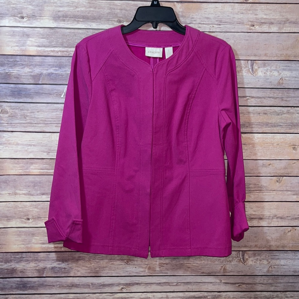 Chicos Alicia Textured Jacket Pink Purple Hook & Eye Closure Lightweight Med 1